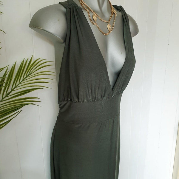 Olive green sexy maxi dress backless plunge neckline evening dress