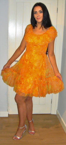 Vintage dress in  yellow orange genuine 1950's Highschool prom dress in silk