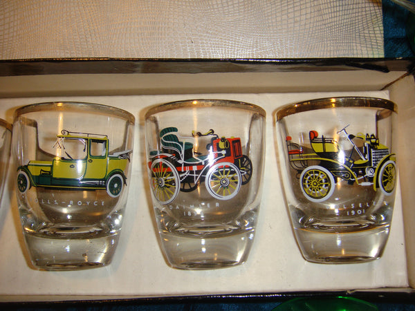 Lovely Vintage set 6 Liqueur glasses in box/veteran cars